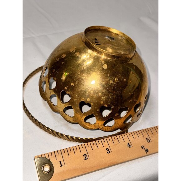 Vintage Brass Heart Cutout Basket With Twisted Handle - 5" Diameter x 4" Height - Picture 5 of 6